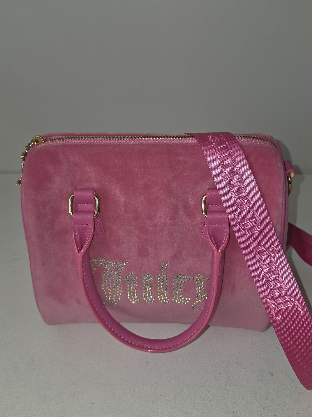 Juicy Couture Pink Suede Crossbody Satchel with Rhinestone Logo
